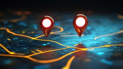 Two glowing red map pin markers on a futuristic circuit board with glowing lines.