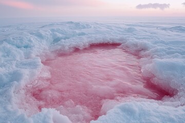 Fototapeta premium Vibrant pink frozen lake in winter landscape