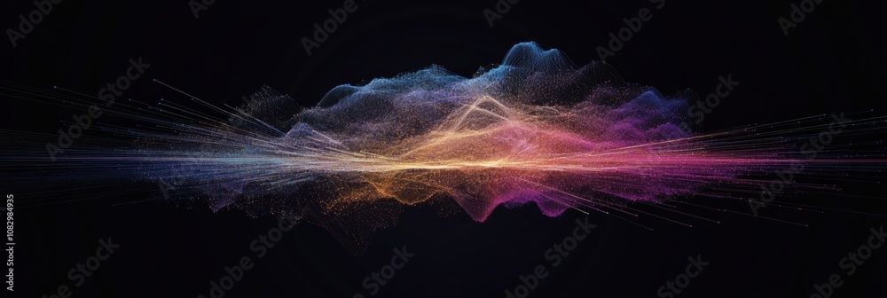 Fototapete This artwork showcases a vibrant data cloud with thin lines radiating outward, creating a luminous and abstract visual effect. Generative AI