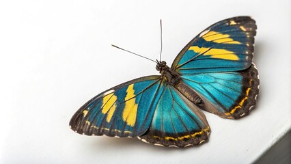 Obraz premium A single butterfly with iridescent blue wings and yellow stripes resting on a clean white surface, highlighting its radiant colors, beauty, isolation, serenity, insect
