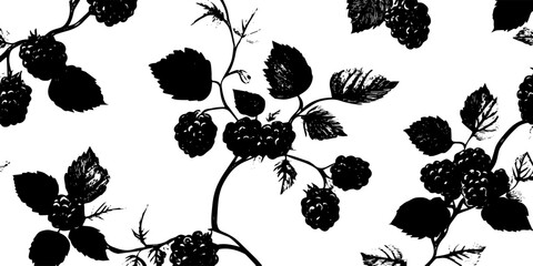 Naklejka premium Black and white silhouette of blackberries and leaves, featuring a repeating pattern design for botanical and nature themes..