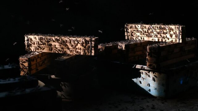 Mature Black Soldier Flies (Hermetia illucens) on wooden shelves provided for laying eggs at an insect farm