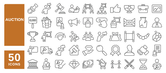 Set of 50 line icons related to auction, bid, deal, tender, sell, price, art, painting, antique, offer, Editable stroke. Vector illustration