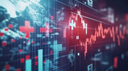 A close-up view of a digital screen with financial charts, graphs, and data, showing a world map in the background.