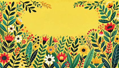 Bright yellow background with botanical floral frame for text inserts