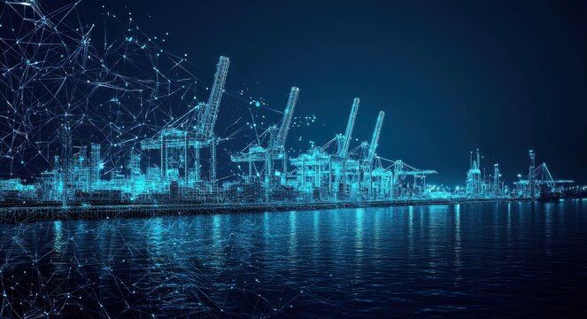 Digital wireframe portrayal of futuristic industrial port and network