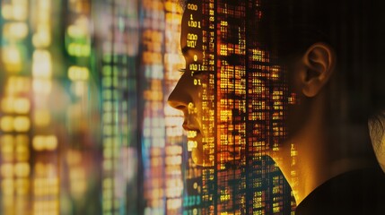 A human silhouette merges with vibrant DNA symbols, illustrating the connection between genetics and identity in a digital format. Generative AI