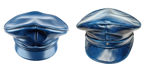 Blue leather police officer hat isolated on transparent background, Set of