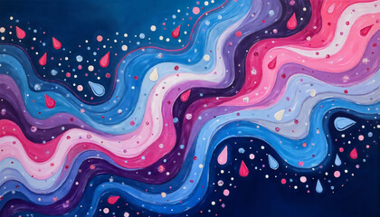 Colorful waves flow across a deep blue canvas, showcasing intricate swirling designs in pink and purple hues, evoking a sense of calm and creativity.