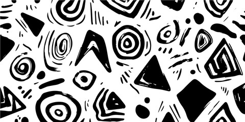 Fototapeta premium An abstract black and white pattern featuring various geometric shapes and dynamic lines, ideal for modern design applications..