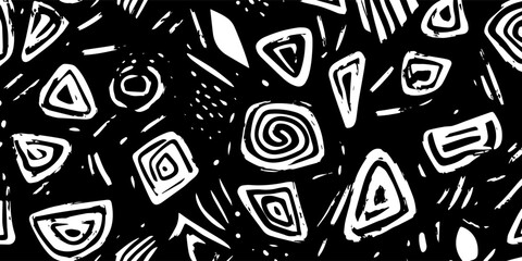 Abstract black and white pattern featuring various geometric shapes, including triangles and squares, creating a dynamic design..