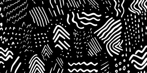 Black and white abstract pattern featuring diverse geometric shapes and lines creating a bold, modern artistic design..