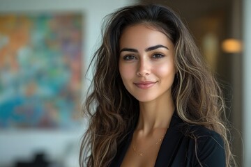 Fototapeta premium Young woman smiling at the camera, wearing casual clothes, blurred background, portrait, happy, modern lifestyle