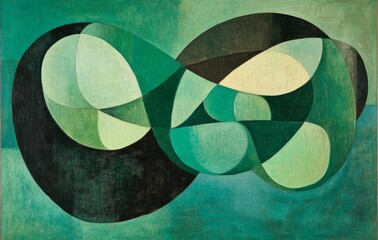 Abstract emerald green and white retro 70s overlapping shapes watercolor concept texture