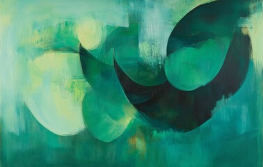 Abstract emerald green and white retro 70s overlapping shapes watercolor concept texture