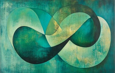 Abstract emerald green and white retro 70s overlapping shapes watercolor concept texture