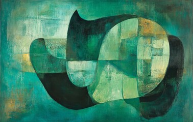 Abstract emerald green and white retro 70s overlapping shapes watercolor concept texture