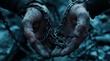 Close-up of dirty hands bound together by chains.