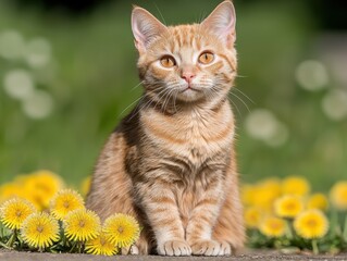 Obraz premium Cute ginger tabby cat sitting in a field of yellow dandelions