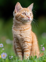 Curious ginger kitten in a field of flowers