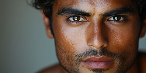 Obraz premium A Young Man With Captivating Dark Eyes and Tousled Hair Gazes Intently, Conveying Emotion and Depth in a Neutral Setting During Soft Indoor Lighting