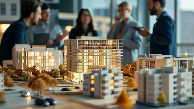 Architects discuss urban development plans at a design presentation in a modern office setting
