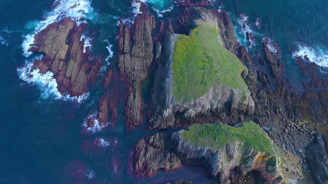 Aerial view from a drone of the coastal landscape and crops in the area around Cabo Cebes in Tapia de Casariego. Asturias. Spain. Europe