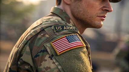 Patriotic Profile of a U.S. Army Soldier at Golden Hour Camouflage Uniform, and Cinematic Lighting Capturing Duty and Honor V1