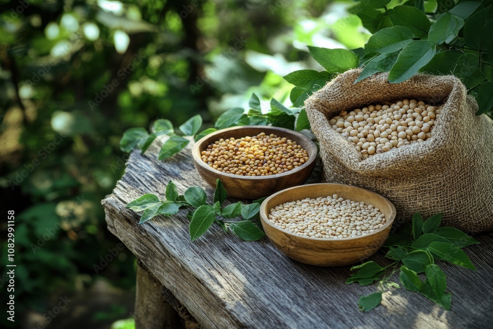 Poster bowls and sacks filled with lentils, beans, and chickpeas rest on a rustic wooden table, set in a se