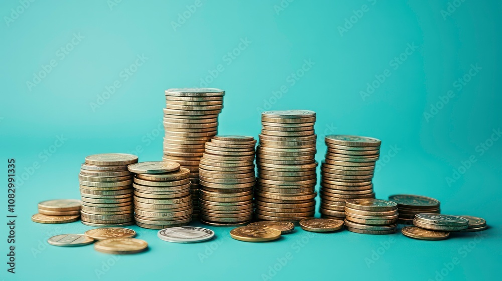 Poster stacks of various dollar bills coins and currency on a vibrant turquoise colored background concept 