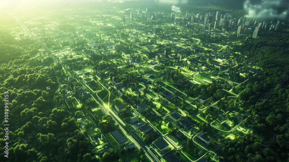 Aufkleber sprawling green community with digital smart city infrastructure and rapid data network. digital cit