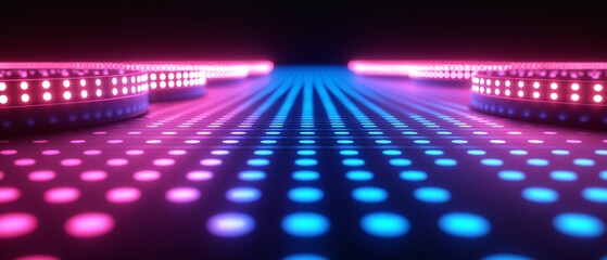 Series of lights are arranged in a row, with each light having a different color. The lights are arranged in a way that creates a sense of movement and energy. Scene is one of excitement