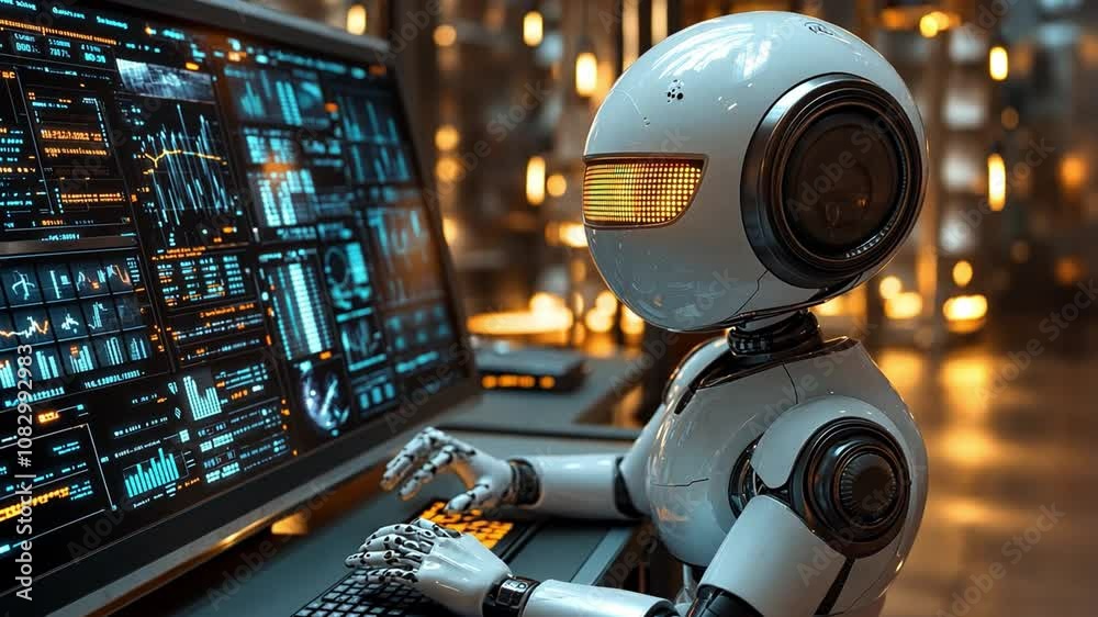 Poster a futuristic robot analyzing data on a sleek computer in a modern tech environment