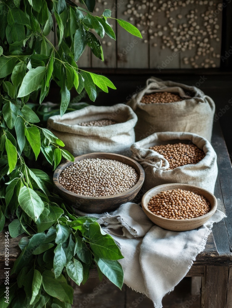 Poster Bowls and sacks filled with various lentils, beans, and chickpeas are arranged on a rustic table surrounded by greenery. Generative AI