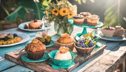 Fototapeta premium Luxury Dessert Table With a Selection of Vegan Cakes, Gluten-Free Muffins, Fresh Fruit, and Coconut Cream Garnishes for an Indulgent and Guilt-Free Dining Experience