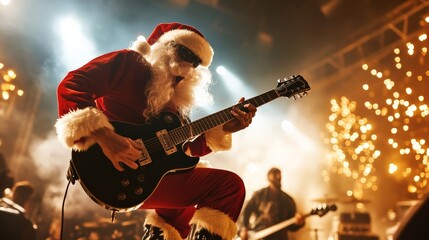 Santa Claus plays an electric guitar onstage, surrounded by shimmering lights and festive...