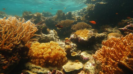 Obraz premium Underwater Coral Reef Ecosystem Teeming with Vibrant Marine Life, Colorful Corals and Small Fish in Crystal Clear Water of Tropical Ocean, Perfect for Nature Lovers and Conservation Awareness