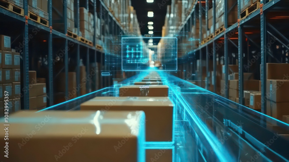 Poster Smart warehouse management system using augmented reality technology to identify package picking and delivery . Future concept of supply chain and logistic business
