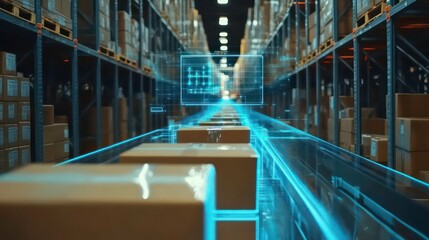 Smart warehouse management system using augmented reality technology to identify package picking and delivery . Future concept of supply chain and logistic business
