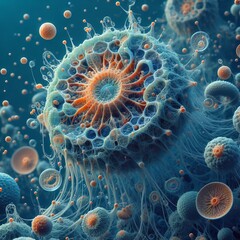 Fototapeta premium A highly detailed microscopic abstract visualization of a cell structure with intricate textures and vivid scientific lighting effects