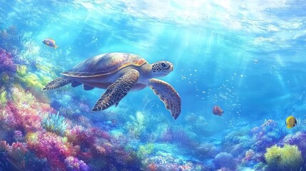 Naklejka premium Majestic Sea Turtle Swimming Gracefully Among Vibrant Coral Reef and Colorful Fish in a Crystal-Clear Ocean Under Sunlit Water Surface