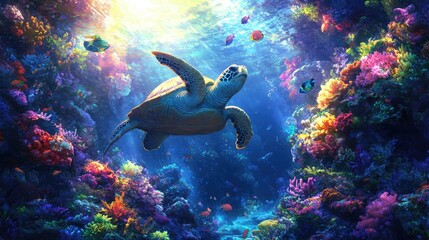Obraz premium Underwater Scene Featuring Sea Turtle Swimming Gracefully Among Vibrant Coral Reef and Colorful Tropical Fish in Stunning Ocean Environment