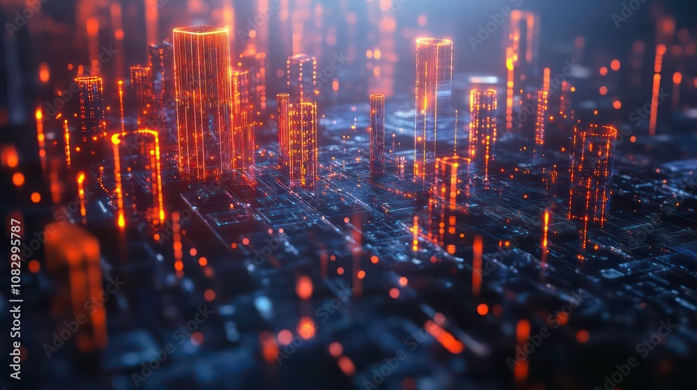 Poster a futuristic cityscape with glowing skyscrapers and intricate digital infrastructure, rendered in a 