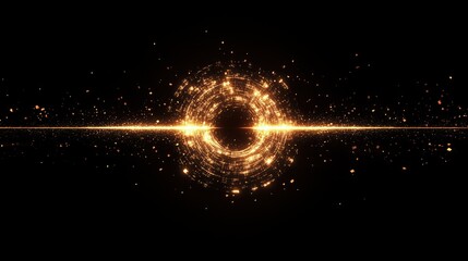 A luminous circular portal emitting radiant golden light, surrounded by shimmering particles on a deep black background, with intricate glowing edges