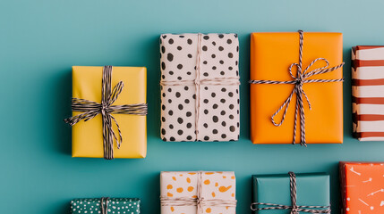 christmas presents in colorful wrapping paper and natural gift cords