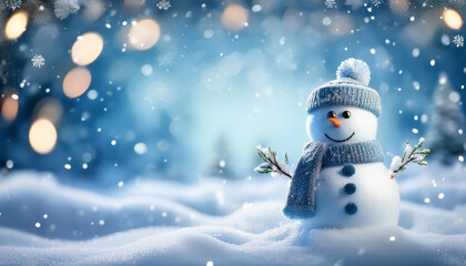 Christmas winter scene featuring snow and a blurred bokeh effect. A Merry Christmas and Happy New Year greeting card with copy-space.