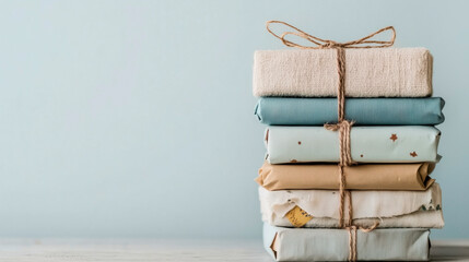 stacked presents in colorful wrapping paper and natural gift cords