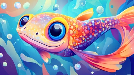 Cartoon fish with big blue eyes swimming in a colorful coral reef