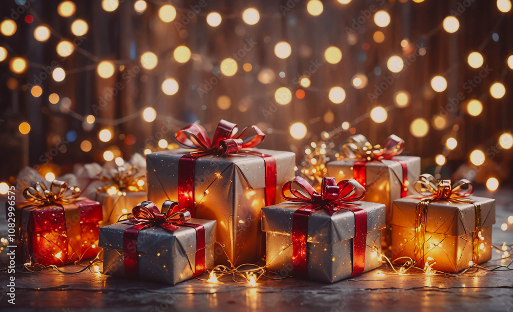Poster stack of presents with red bows on them