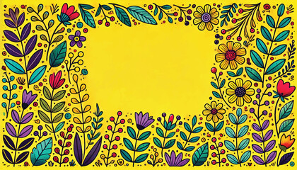 Bright yellow background with botanical floral frame for text inserts